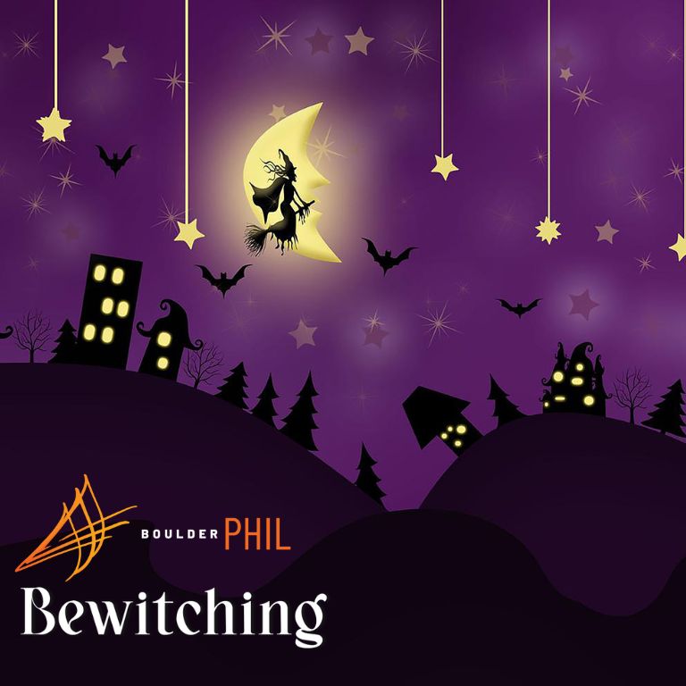 Boulder Phil Bewitching Flying witch in front of a crescent moon