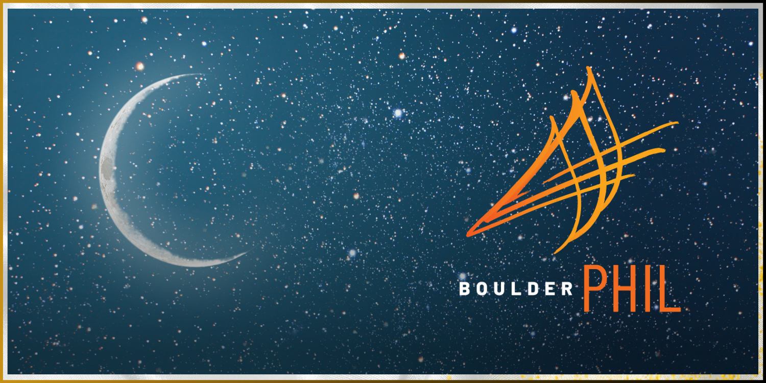 A night sky with a crescent moon and stars with the Boulder Phil logo